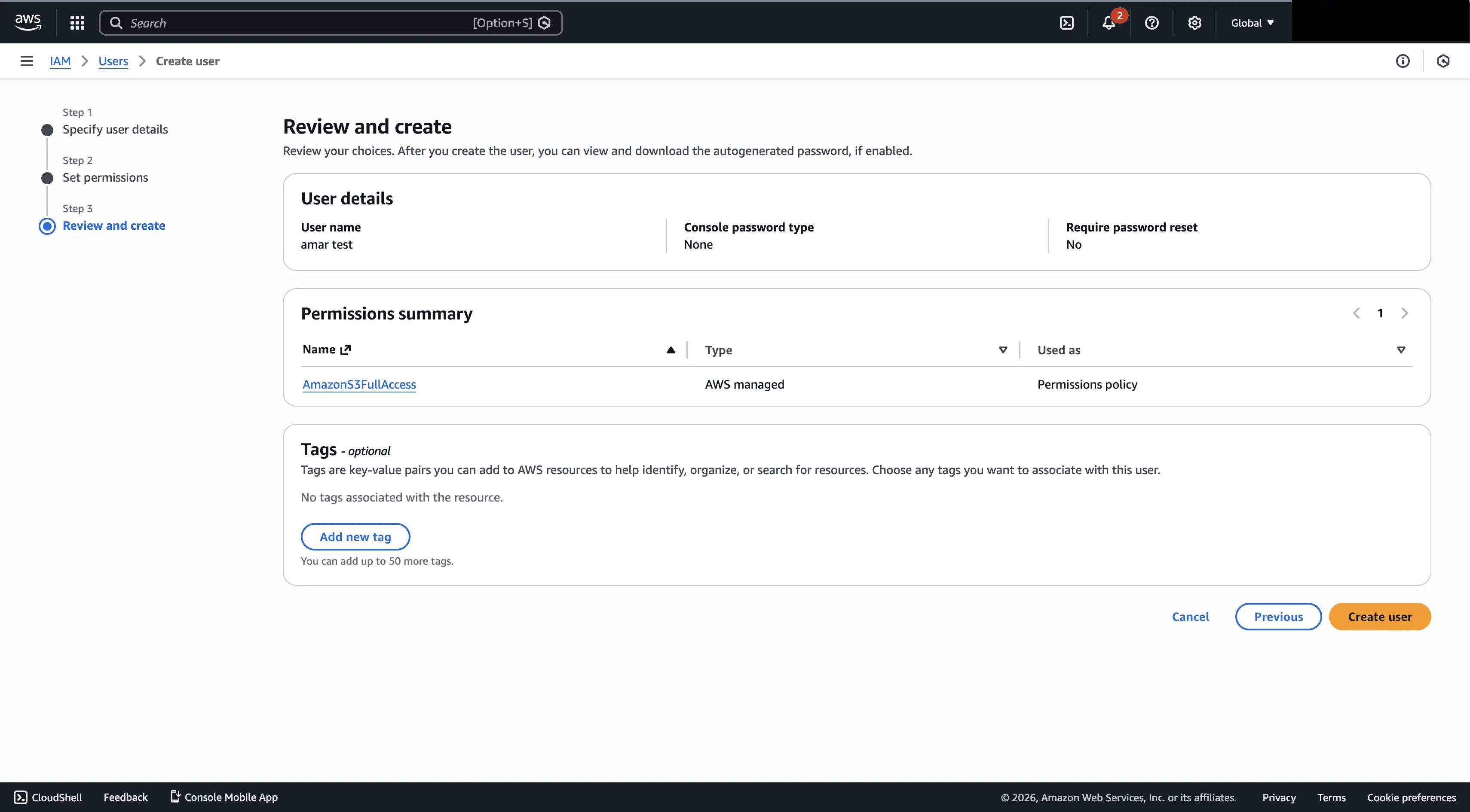 Create AWS S3 User – Final Step